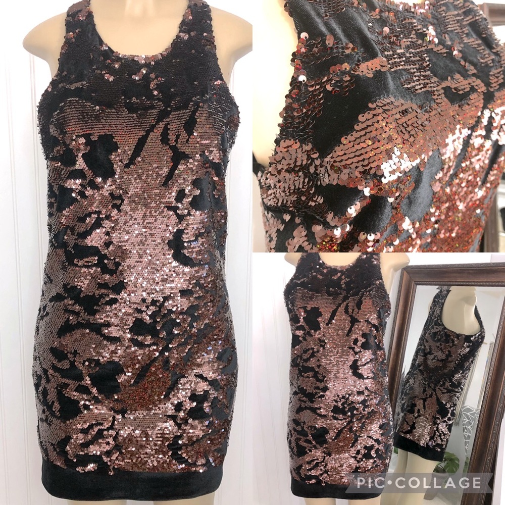 Rose Gold Sequin and Black Velvet Sheath Mini Dress by Lavender Brown Size Small